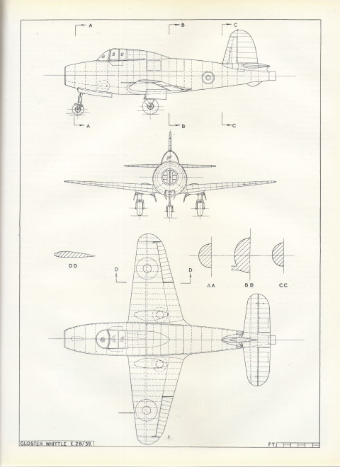 Gloster E28/39 Whittle Jet Pioneer - 1/72 рисунок C.B.Maycock, 1/72, «Aircraft of the fighting powers» Том.VI, издание 1945г